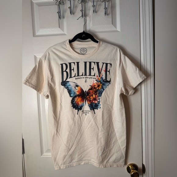 Dom Tops - DOM Butterfly 'Believe' Graphic Cotton Ivory Short Sleeve T-Shirt